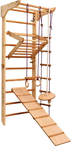 Kletterwand für Kinder–Indoor Klettergerüst aus Holz-Wand-Reck, Stange, Gymnastik-Ringe, Kletterseil, Abnehmbarer Balken, schwedische Leiter, Rutsche, 230