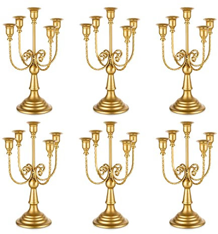 Romadedi Candelabra Gold Candle Holders - 5 Arm 11.8 Wedding Candlestick Holder for Theme Party Table Centrepiece Decor Dining Room Birthday Holiday Christmas, Set of 6