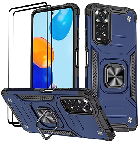 KANSi Hülle für Xiaomi Redmi Note 11 Pro/Note 11 Pro 5G, Schutzfolie [2 Stück] Silikon TPU Hart PC Handy Hüllen 360 Grad Drehbar Ringhalter Bumper Stoßdämpfung Schutzhülle - Blau