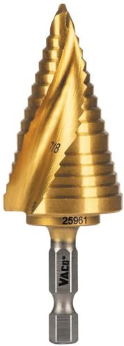 Klein Tools 25961 Step Drill Bit, 7/8 to 1-1/8-Inch, Spiral Double-Fluted, Cut Thin Metal, Plastic, Aluminum, Wood, 1/4-Inch Hex Shank, VACO