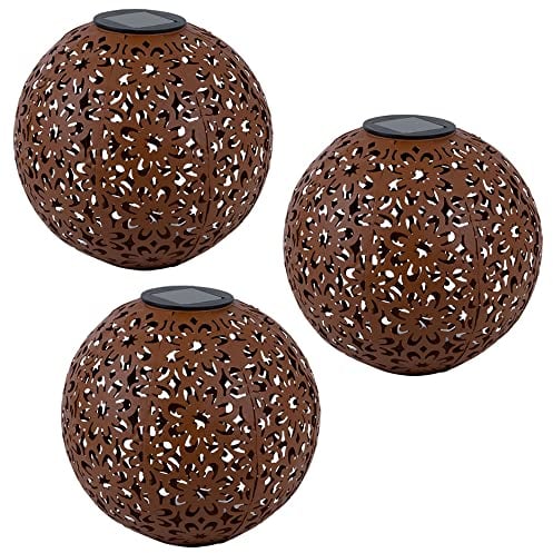 etc-shop Solarlampe für Außen Kugel Solar Gartendeko Solarleuchte rost Erdspieß, Blumen Dekorstanzungen, Metall, LED warmweiß, D 20 cm, 3er Set