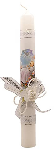 Vela pascual de bautizo de 12 pulgadas, gran regalo católico para bautizo o recién nacido, rosa, azul, rosa o blanca con cintas plateadas, tradición religiosa de Pascua (blanco)