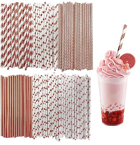 150pcs Rose Gold Paper Straws, Striped Paper Straws, Biodegradable Paper Straws, Multi Pattern Straws, 6 Styles