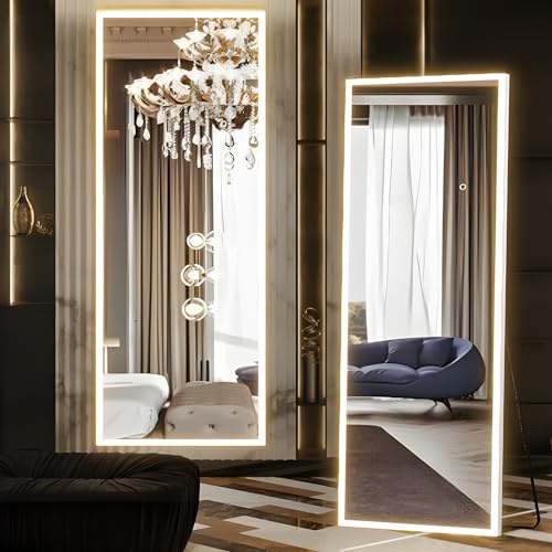 NEUWEABY LED-Ganzkörperspiegel, 160 x 50cm Bodenspiegel, großer Körper, rechteckiger Spiegel für Schlafzimmer, Wohnzimmer stehend zum Aufhängen oder Anlehnen an die Wand, Rahmen aus