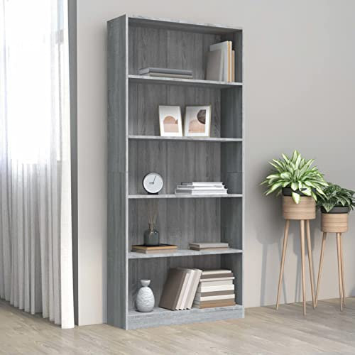 CIADAZ Bücherregal 5 Fächer, Raumteiler Regal, Standregal, Bookcase, Bücherwand, Büroregal, Regalbrett, Grau Sonoma-Eiche 80x24x175 Holzwerkstoff