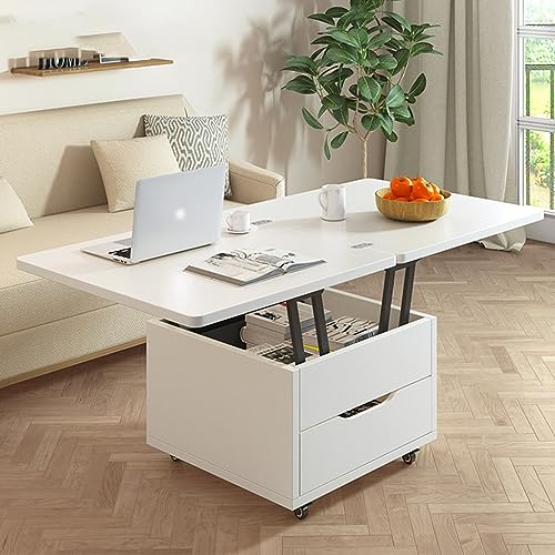 Table Basse Extensible, Table Centrale Multifonctionnelle À Plateau Relevable, Roues en Acier Silencieux Pivotant sur 360°, Table de Salle À Manger Pliante Peu Encombrante pour Le Salon