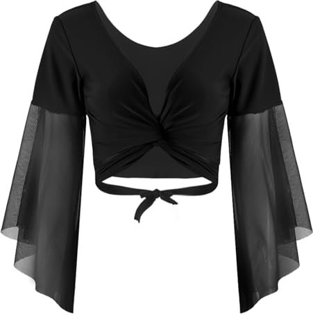 HULIJA Damen Bauchtanz Oberteil Langarm Crop Top Mit Schnür Chiffon Bolero Tops Bluse Tanzjacke Belly Dance Oberteil Bauchtanz Bühnenauftritt Ba Schwarz Einheitsgröße