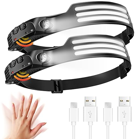 Stirnlampe LED Wiederaufladbar, 2 Stück Superhell 230° Weitwinkel Kopflampe Stirnlampe, 3*LED Weiß Licht Sensor Wasserdichte Leichtgewichtig Stirnlampen, Perfekt Stirnleuchte für Joggen,Angeln,Laufen