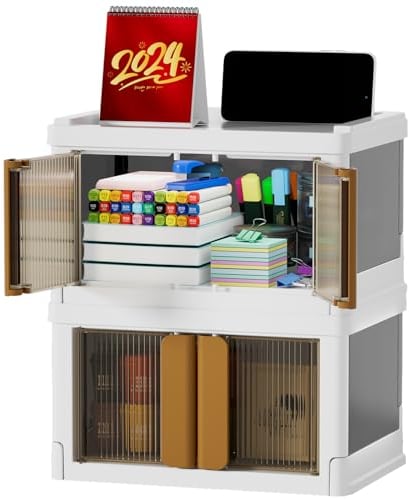 HAIXIN Small Storage Boxes with lids - Stackable Plastic Storage Cabinet Open Front Doors, Mini Desk Organiser for Office Organisation and Storage for Art Craft Supplies & Nail Products(4.4L x 2 Pack)
