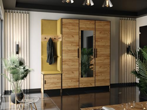 KIER FURNITURE Kleiderschrank Mit Gepolstertem Sitz Und Paneelen – Gardarobenstaender – Sitzbank Garderobe – Flurgarderobe Schmal – Farbe Handwerk Eiche Gold + Stoff Gelb – 209,6x205x39cm
