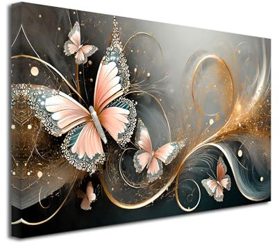 DECLINA, Décoration murale tableau, tableau deco home, tableau deco murale salon, Tableau toile Abstrait Papillons Roses, 50x30 cm