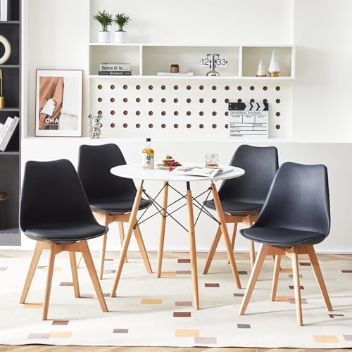 H.J WeDoo Rund Tisch und Stühle Set Esszimmergruppe, Essgruppe Weiß Tisch mit 4 Schwarz Stühlen für Esszimmer Küche Wohnzimmer