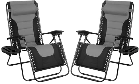 SG Traders Zero Gravity Chair - Reclining Outdoor Sun Lounger, Relaxer Chair for Patio Decking Gardens Camping, Folding Chairs with Cup Holder and Adjustable Headrest Sunlounger (Pack 2 - Black Grey)