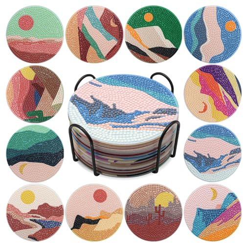 ZEHIQ 12 Stück Diamond Painting Untersetzer Mit Halter, Diamond Painting Erwachsene zum Basteln untersetzer, DIY Boho rutschfest tassenuntersetzer für Anfänger, Erwachsene & Kinder