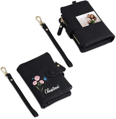 Presentimental Damen Geldbörse mit Namensgravur Personalisiertes Foto Portemonnaie aus Leder Geburtstag Blume Brieftasche Geschenk für Damen Muttertag Weihnachten Valentinstag Geburtstag (Schwarz)