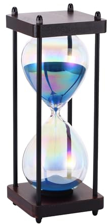 Sablier Élégant en Verre Arc-en-ciel, Grand Sablier 30 minutes, Sablier Géant avec Sable Fin Bleu Scintillant Raffiné avec Supports Bois pour la maison, la cuisine, le bureau, la décoration de mariage