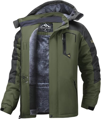 Tansozer Warme Winterjacke Herren Winddicht und Wasserdicht Skijacke Winter Arbeitsjacke mit Kapuze Outdoorjacke, Armeegrün, M