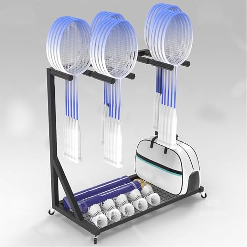 SDTOOP Badminton Racket Storage Rack, Mobile Badminton Racket Display Storage Rack, 25~30 Pcs Kids Adult Tennis Racquets Organizer Cart Black Steel Frame