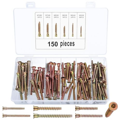 150 Pcs Vis de Confirmation pour Meubles, Vis à Tête Plate pour Meubles, Vis à Bois à Six Pans Creux, Vis de Connexion à Tête Hexagonale pour Meubles Armoire Placard, Couleur Zinc, M5/M6/M7