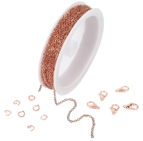 WLLHYF Gold Plated Chain 196 Inches Stainless Steel Metal Cable Link Chain Roll with 10 Lobster Clasps 30 Jump Rings Necklace Earring Bracelet Extenders for Jewelry Making Silver (Rose Gold)