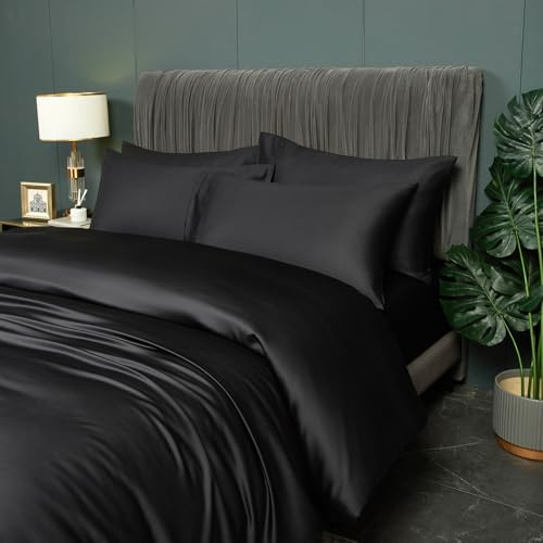 DXHOME Bettwäsche Sommer 200x200cm Schwarz Uni Glatt Bambus Bettwäsche-Set Kühlende Weiche Kuschelig und Atmungsaktiv Deckenbezug Luxus Bettbezug mit Reißverschluss und 2 Kissenbezüge 80x80cm