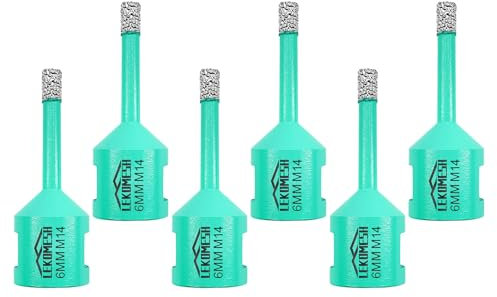 LEKOMESH Porcelain Tile Drill Bits - 6 pcs 6MM Diamond Tile Hole Cutter Hole Saw for Porcelain Ceramic Tile Marble Granite Stone Quartz Diamond Drill Bits M14 Thread