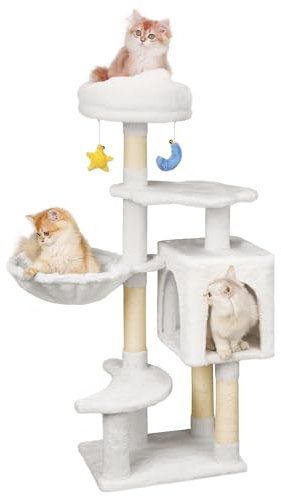 Meecal Cloud Cat Tree with Cat Condo for Indoor Cats, 43 Cute Cat Tower with Scratching Post, Cozy Hammock, Unique Perch, Dangling Toy, Cat Tree House with Large Padded Bed, White