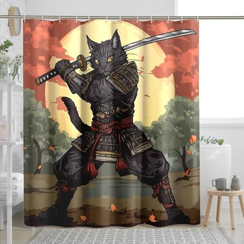 Rideau de douche motif chat samouraï, motif chat manga noir avec épée pour décoration de salle de bain, automne-hiver, artistique, moderne, tissu imperméable, avec crochets, 157 x 183 cm