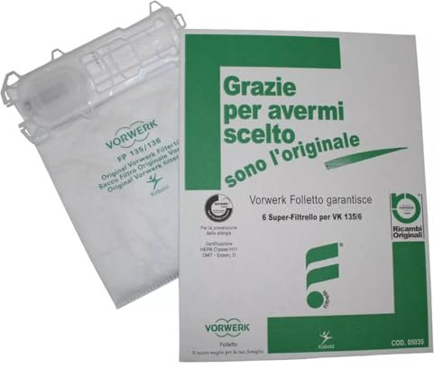 SACCHETTI ORIGINALI VORWERK FOLLETTO PER MODELLO FOLLETTO VK135-VK136 6 PEZZI (MIGLIOR PRODOTTO ORIGINALE VORWERK FOLLETTO)