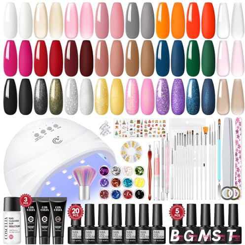 COSCELIA Kit Ongle Gel UV Complet Kit avec Lampe 20 Couleurs Vernis à Ongles Semi-permanent 3 Couleurs Poly Extension Ongle Gel Set Base Top Coat Gel Ongles Cadeaux pour Femmes
