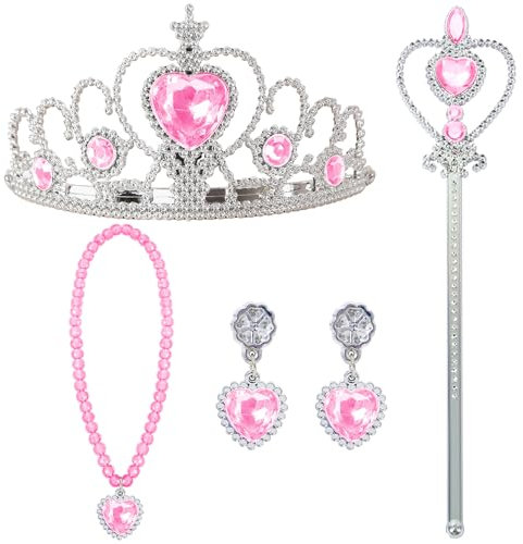 JOYIN Prinzessinnen-Kostümset, 5-teiliges Set mit Krone, Zauberstab, Halskette und Ohrringen, das Schneekönigin-Kostüm als Party-Zubehör für Karneval (Pink)