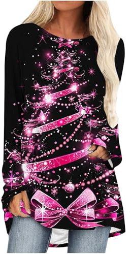 Keepink Weihnachtsoberteile für Damen, Glitzer, Weihnachtsbaum-Druck, Hemd, lässig, langärmelig, Rundhalsausschnitt, lockere, elegante Tunika, Blusen, Urlaub, Weihnachtspullover, Übergröße, EU 36-46,