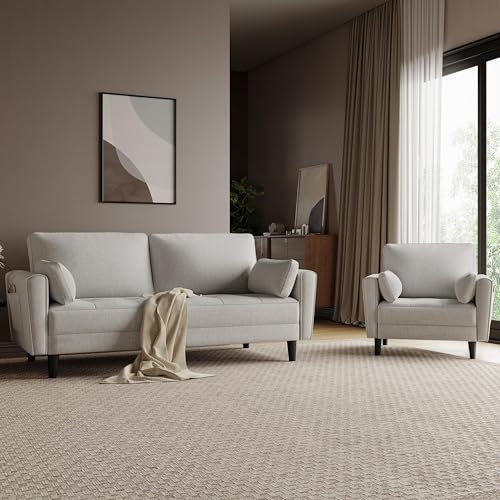 Yaheetech 1/2 Sitzer Sofa Set Polstersofa mit 2 Kissen und Armlehnen Moderne Couch aus Leinenstoff Bequemes Loveseat Sessel für Wohnzimmer/Schlafzimmer Graubeige