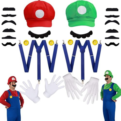 Xiujuers 2 Piezas Disfraz Mario y Luigi Bros, Gorro Mario Bros, Disfraz Mario Bros Niño con Gorro, Barba, Botones, Guantes, Gorro Mario y Luigi, Sombrero de Mario Bros, Adecuado Adulto, Niños