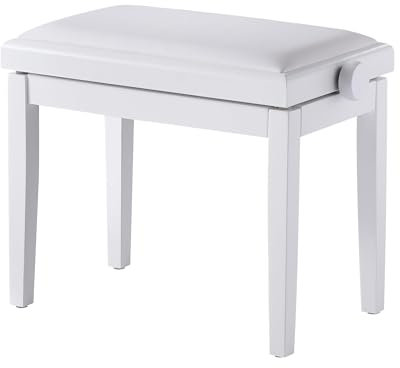FILISITE Classic Adjustable Piano Bench,Wooden Piano Stool with Faux Leather Padded Cushion, Vanity Bench, Piano Seat 57(L) x 32(W) x 48/56(H) cm(White)