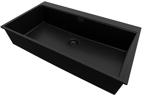 PRIMAGRAN Fregadero Cocina Todo Negro 88x50cm, Granito 1 Seno + Sifón, Sobre encimera al mueble 90cm - Oslo S397