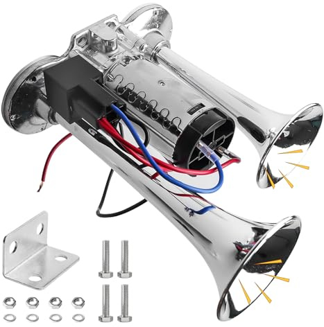 LKW Hupe 12V, Doppelrohr Lufthorn, Super Laut Air Horn, Laut Autohupe, LWK Hupe, Train Horn mit Kompressor, Lufthorn Drucklufthorn Laute Hupe Kit für 12 V Fahrzeug, PKW, Zug, Boot, Auto, Van
