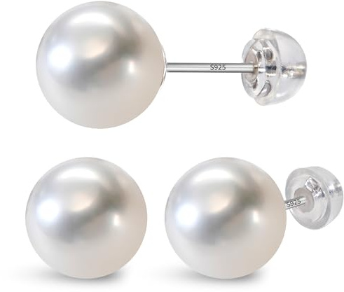 Nacréliser 8-9mm AAA+ Round White Pearl Earrings for Women, Nickel Free Hypoallergenic Freshwater Pearl Earrings, Genuine Cultured Pearls with S925 Sterling Silver Studs,Pearl Gifts for Christmas, Holidays and Anniversary