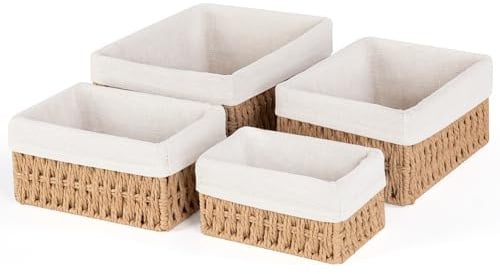 Otauoaea Geflochtener Aufbewahrungskorb mit Futter,4 Stück Körbchen Handgewebt Korb Boho DekoAufbewahrung Klein Geflochten Handgewebte Box aus Papierseil für Bad, Make-up,Tischplatten,Schrank（Jute)