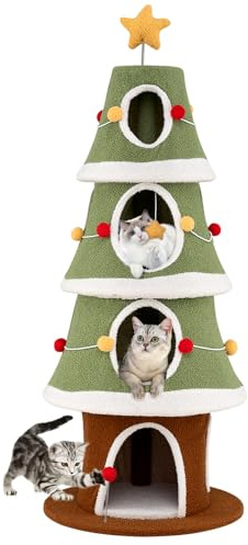 GOPLUS Arbre a Chat Sapin de Noel, Hauteur 154 CM, Arbre à Chat avec Condos Confortable à 4 Niveaux, Tapis à Griffer en Sisal, Revêtement Peluche Amovible Lavable, Décoration Boule Noël, Intérieur