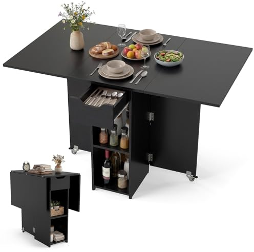 GIANTEX Klapptisch Küche, Klappbarer Esstisch Klein, Mobiler Küchentisch mit 2 Rädern, 120x72x75cm, Esszimmertisch für 4-6 Personen, Ausklappbarer Tisch für Klein Räume, Küchentisch Holz mit Schublade