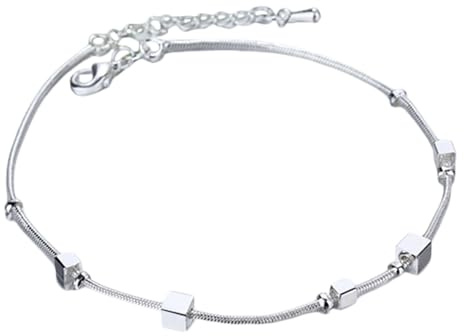 Löb 750er Weißgold vergoldet Fußkette Würfel Perlen Fußkettchen Silber Damen Kugel Anhänger Schlicht Boho Modern Minimalistisch Strand Schmuck