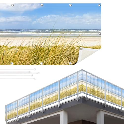 Balkon Sichtschutz Strand 75 x 600 cm inkl. Kabelbinder Wetterfest Blickschutz Balkonverkleidung Balkonbespannung Sonnenschutz Balkongeländer Windschutz Terrasse Garten Deko Ideen Maritim TEXBS_1003