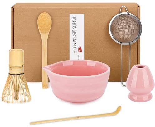 TOSUTO Matcha Set,macha tea kit con Ciotola (Design a Becco d'Aquila),Frusta Matcha di Bambù,Setaccio,Cucchiaio & Accessori,Set Regalo per Appassionati di Matcha,Uso in Casa,Ufficio o Cucina (Rosa)