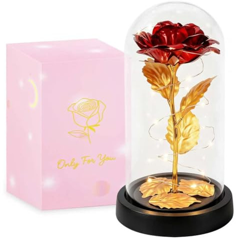 Morofme Infinity Rose mit LED Licht, Rot Ewige Kunstrosen mit Gold Zweig | Die Schöne und die Biest Rose mit Acrylhaube Stoßfest für Frau Geschenke, Geburtstag, Jubiläum, Wohnen Zimmer Büro Dekor