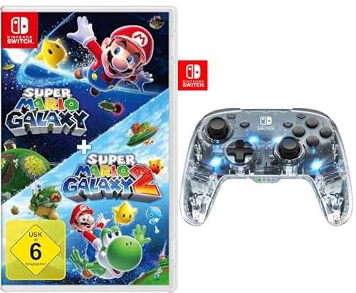 Super Mario Galaxy + Super Mario Galaxy 2 + Afterglow LED drahtlos Deluxe Gaming Controller Lizenziert durch Nintendo Switch and OLED,RGB Hue Color Lights,See through Gamepad Controller,Paddle Buttons