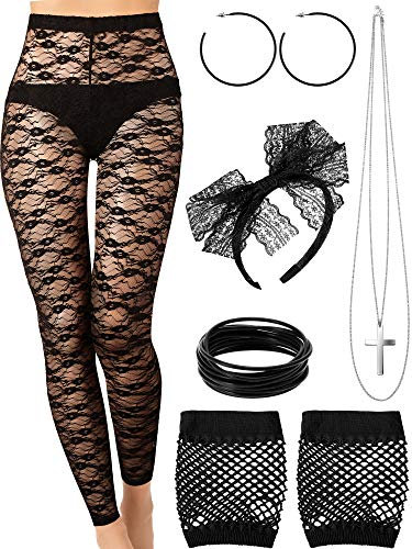Blulu 80 Jahre Kostüm Set, Ohrring Halskette, Handschuhe, Spitze Legging, Armband für Party