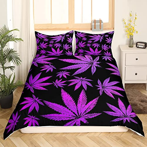 Tbrand Marihuana Blatt Bettbezug Set 135x200cm Set Unkraut Blatt Botanisch Bettwäsche Set für Erwachsene Cannabis Blatt Betten Set Luxus Puple Hanf 2St., Reißverschluss