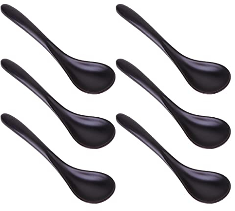 Juego de 6 cucharas soperas, color negro, diseño de una pieza, apto para lavavajillas, ideal para ramen, pho, arroz y fideos para sopa