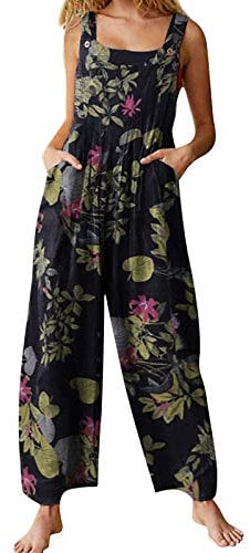 YILEEGOO Cotton Linen Dungarees for Women, Ladies Casual Overalls Baggy Wide Leg Pants Jumpsuit Playsuit (Navy Blue, Large)
